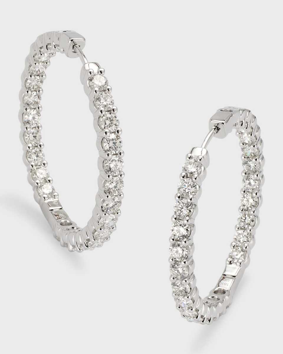 18K White Gold Round Diamond Hoop Earrings, 5.0tcw, 1.35"L x 0.13"W